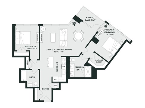Floor plan for 2 beds, 2 baths, 1192 sqft